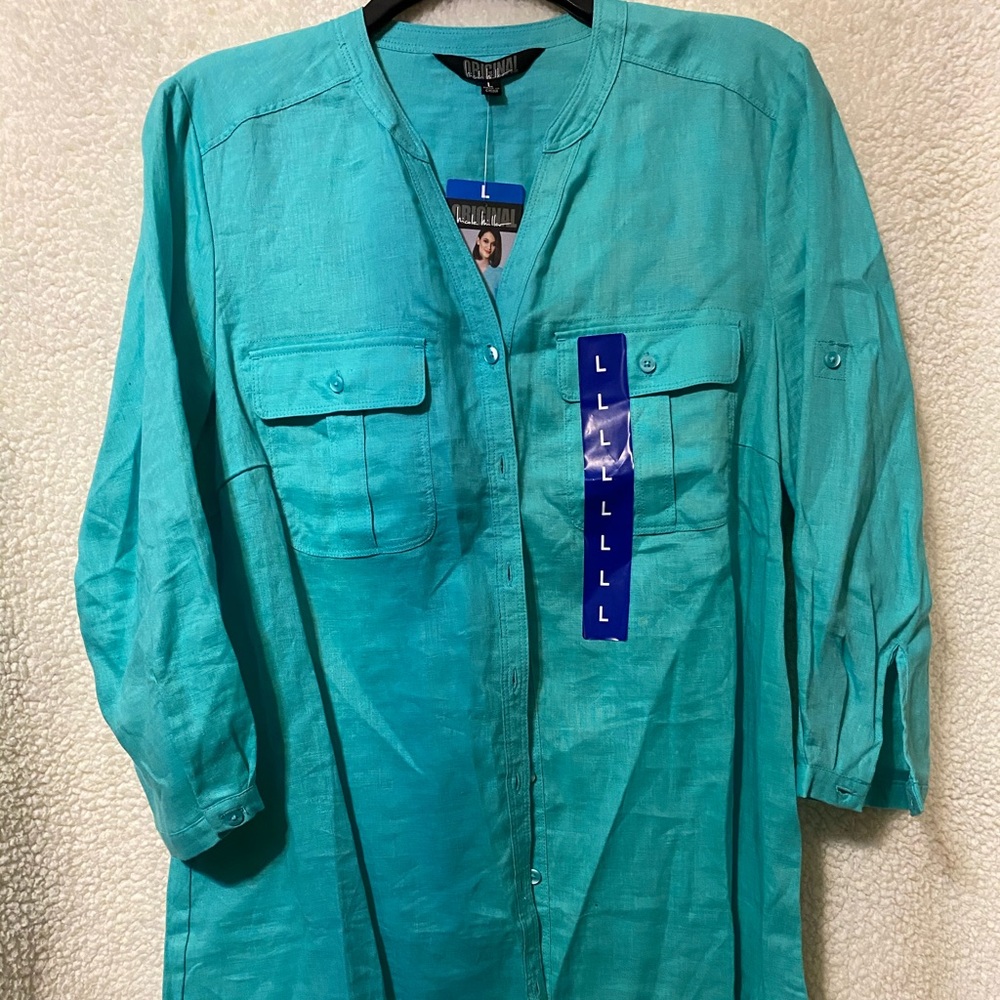 Teal colored linen blend button up too.